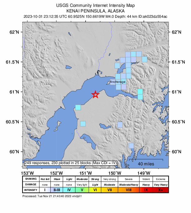 USGS DYFI community-reported intensity map for the M4.0 earthquake near 3 km NNE of Point Possession, Alaska