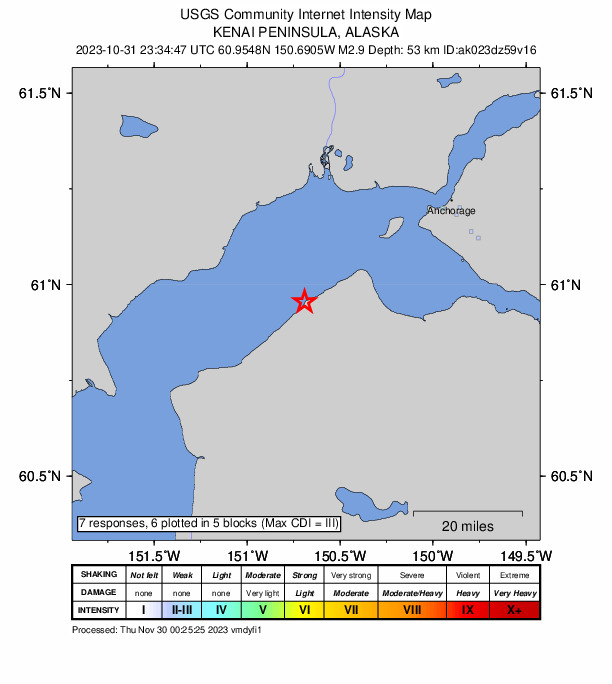 USGS DYFI community-reported intensity map for the M2.9 earthquake near 3 km N of Point Possession, Alaska