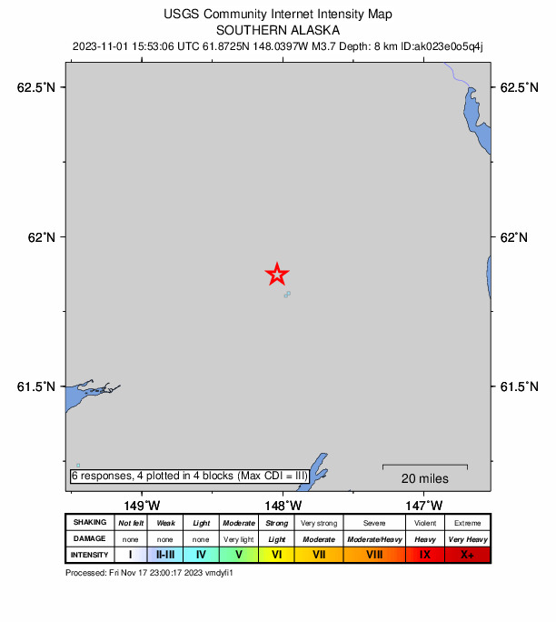 USGS DYFI community-reported intensity map for the M3.7 earthquake near 21 km WNW of Glacier View, Alaska