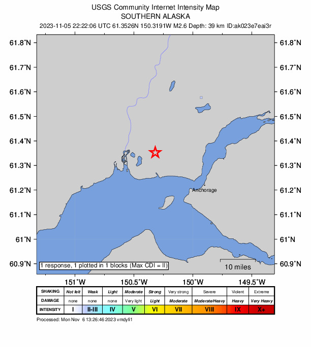 USGS DYFI community-reported intensity map for the M2.5 earthquake near 18 km W of Point MacKenzie, Alaska