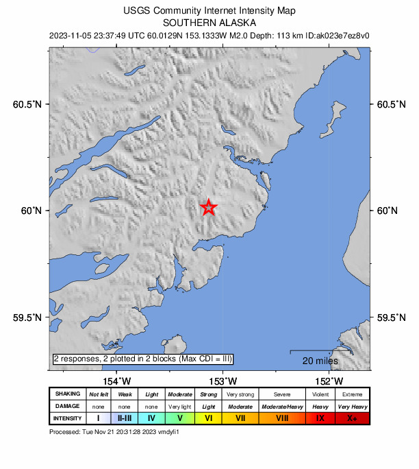 USGS DYFI community-reported intensity map for the M2.0 earthquake near 59 km ENE of Pedro Bay, Alaska