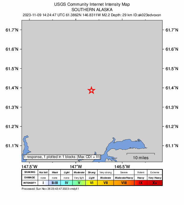 USGS DYFI community-reported intensity map for the M2.2 earthquake near 38 km NW of Valdez, Alaska