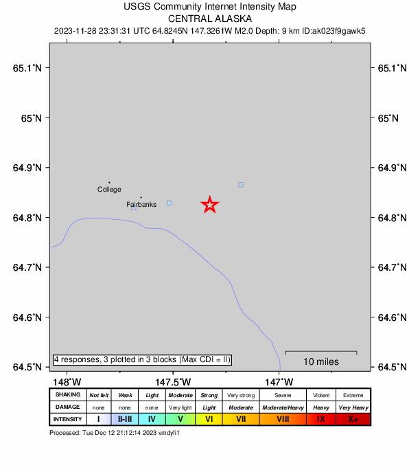 USGS DYFI community-reported intensity map for the M2.0 earthquake near 8 km N of North Pole, Alaska