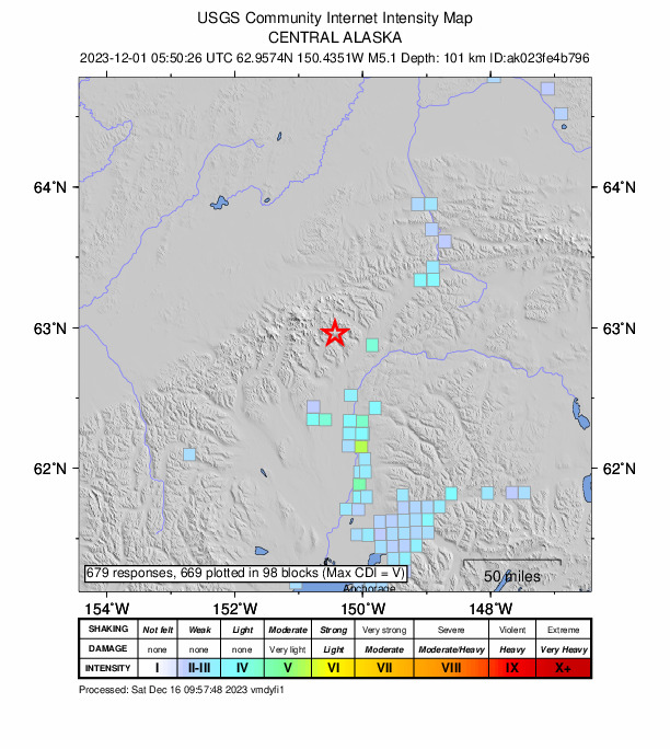 USGS DYFI community-reported intensity map for the M5.1 earthquake near 54 km NNE of Petersville, Alaska