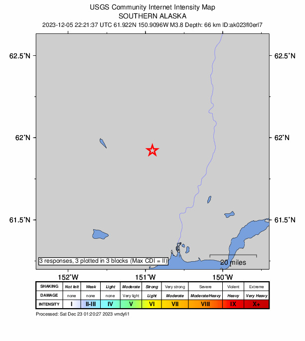 USGS DYFI community-reported intensity map for the M3.8 earthquake near 26 km ESE of Skwentna, Alaska
