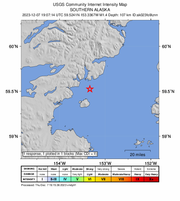 USGS DYFI community-reported intensity map for the M2.3 earthquake near 47 km ESE of Pedro Bay, Alaska