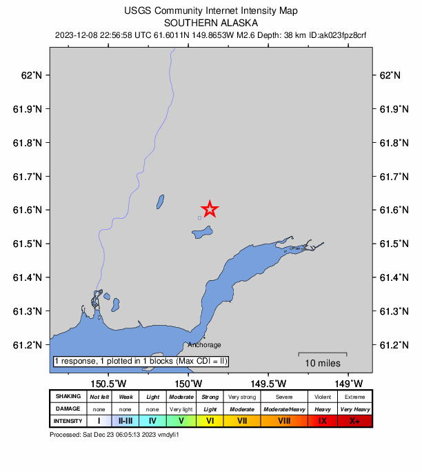 USGS DYFI community-reported intensity map for the M2.6 earthquake near 4 km SW of Houston, Alaska