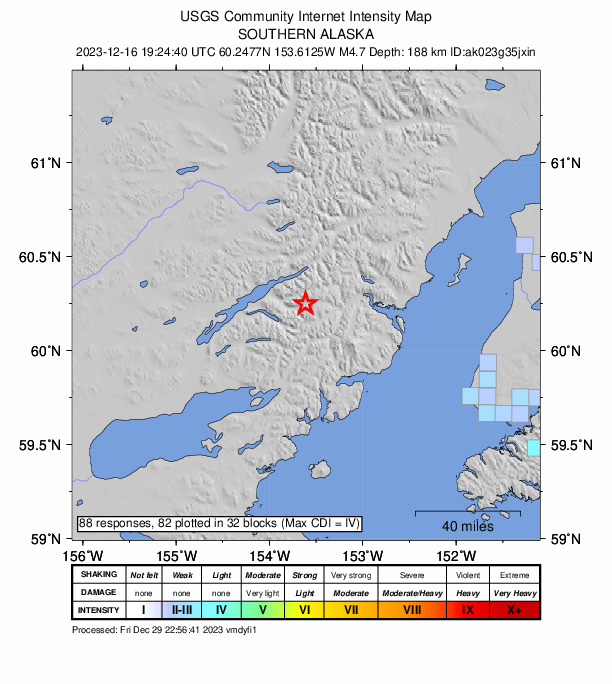 USGS DYFI community-reported intensity map for the M4.7 earthquake near 39 km E of Port Alsworth, Alaska
