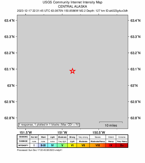 USGS DYFI community-reported intensity map for the M2.5 earthquake near 64 km N of Petersville, Alaska