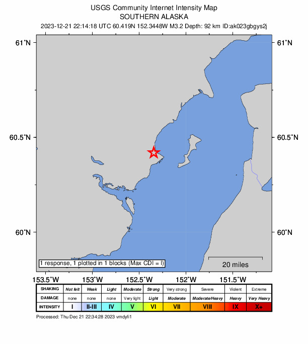USGS DYFI community-reported intensity map for the M3.4 earthquake near 58 km NW of Ninilchik, Alaska
