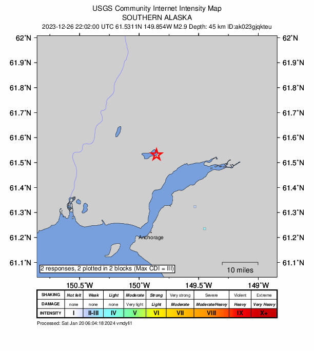 USGS DYFI community-reported intensity map for the M2.9 earthquake near 5 km ENE of Big Lake, Alaska