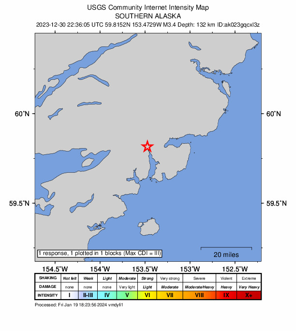 USGS DYFI community-reported intensity map for the M3.4 earthquake near 35 km E of Pedro Bay, Alaska