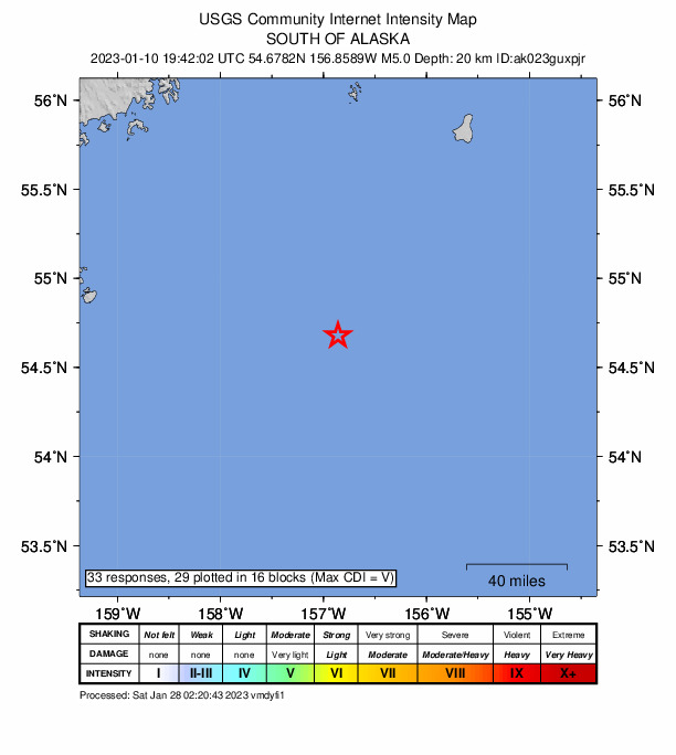 USGS DYFI community-reported intensity map for the M5.0 earthquake near 199 km SE of Perryville, Alaska