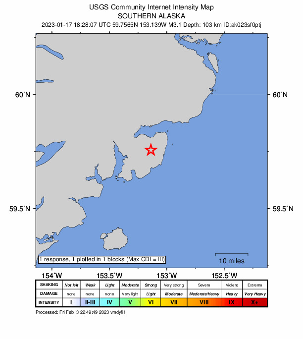 USGS DYFI community-reported intensity map for the M3.1 earthquake near 54 km E of Pedro Bay, Alaska