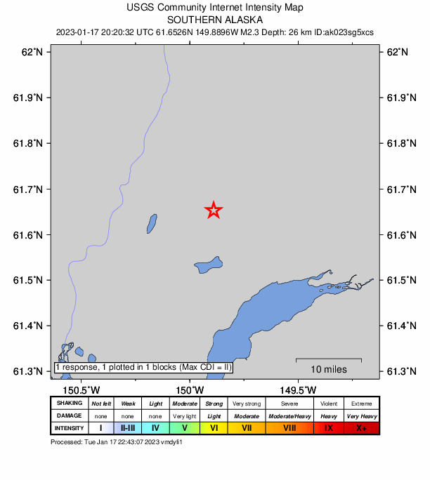 USGS DYFI community-reported intensity map for the M2.3 earthquake near 3 km NW of Houston, Alaska