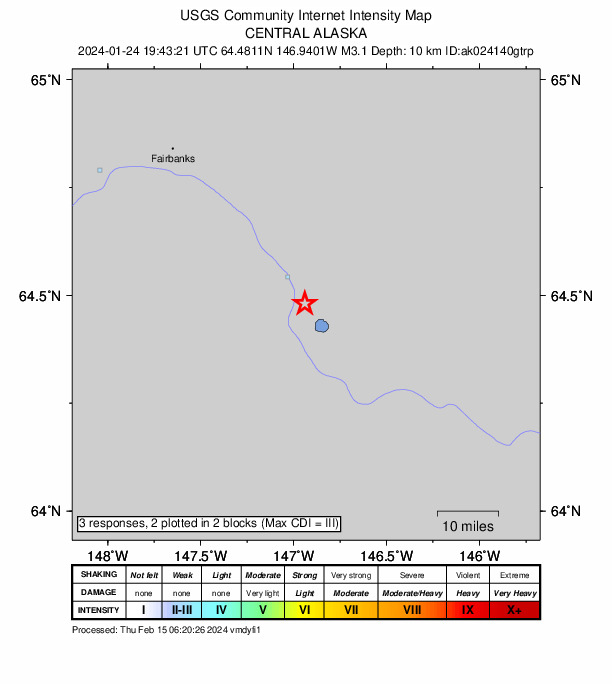 USGS DYFI community-reported intensity map for the M3.1 earthquake near 5 km SSW of Salcha, Alaska