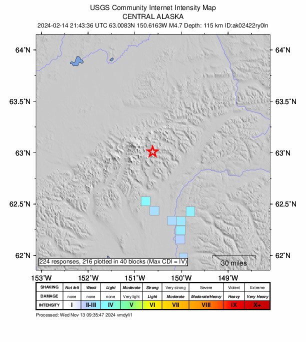USGS DYFI community-reported intensity map for the M4.7 earthquake near 57 km N of Petersville, Alaska