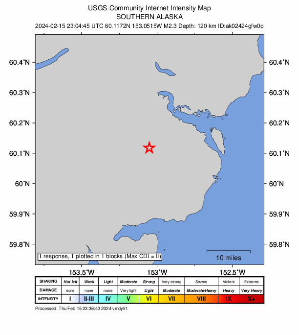 USGS DYFI community-reported intensity map for the M2.8 earthquake near 65 km E of Port Alsworth, Alaska
