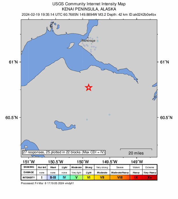 USGS DYFI community-reported intensity map for the M3.2 earthquake near 21 km SW of Hope, Alaska