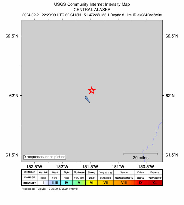 USGS DYFI community-reported intensity map for the M3.1 earthquake near 6 km NW of Skwentna, Alaska