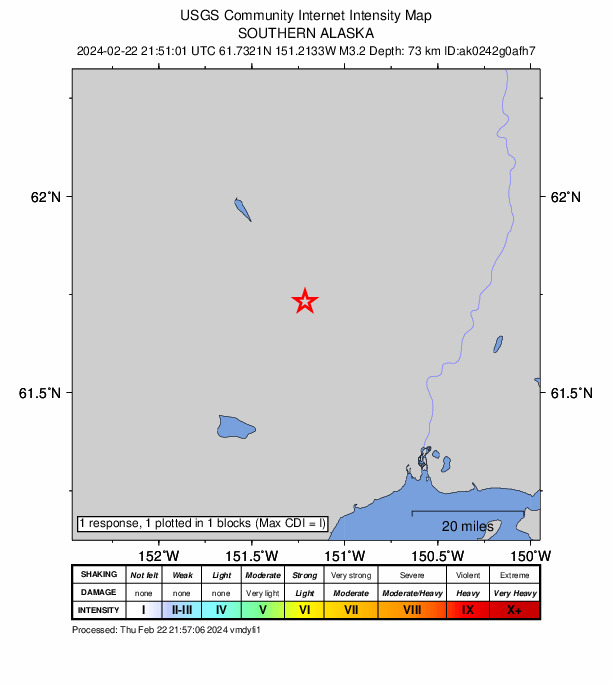 USGS DYFI community-reported intensity map for the M3.2 earthquake near 31 km SSE of Skwentna, Alaska