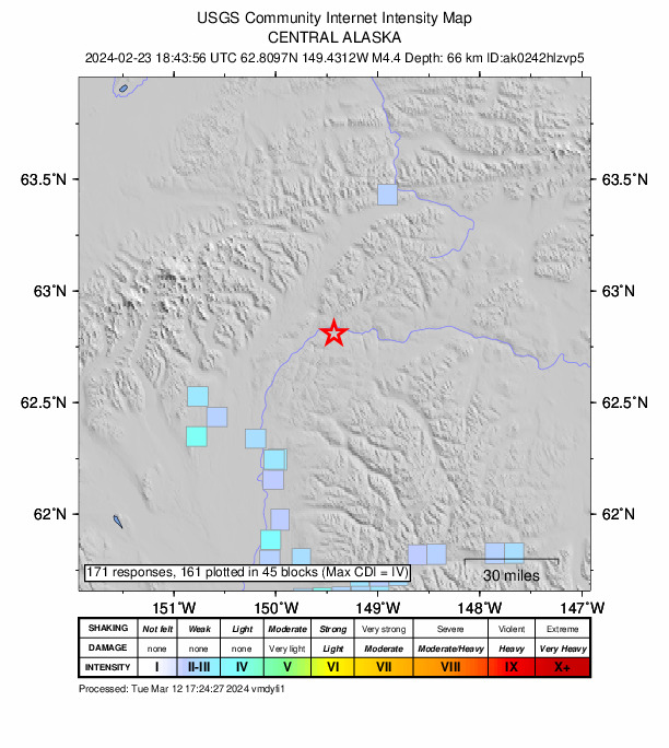 USGS DYFI community-reported intensity map for the M4.4 earthquake near 52 km NE of Chase, Alaska