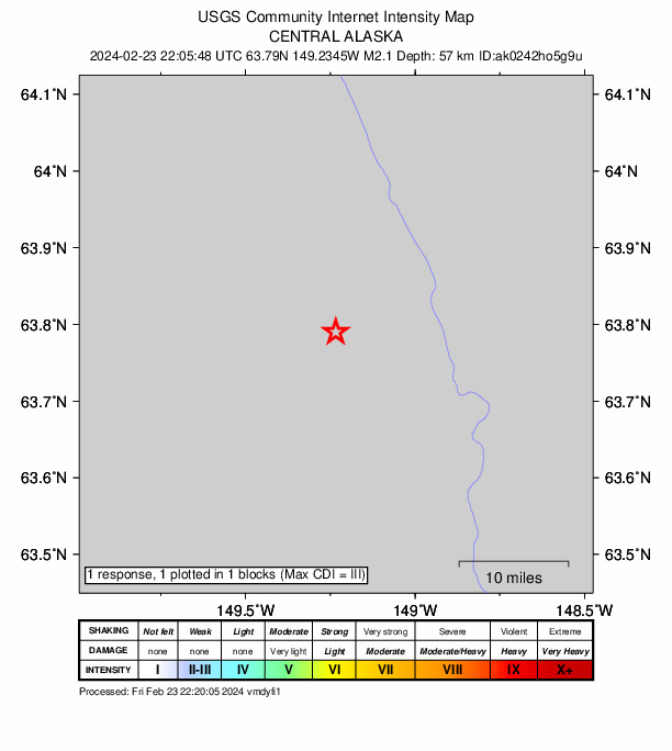 USGS DYFI community-reported intensity map for the M2.4 earthquake near 14 km W of Healy, Alaska