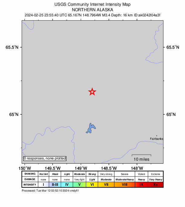 USGS DYFI community-reported intensity map for the M3.4 earthquake near 27 km E of Minto, Alaska