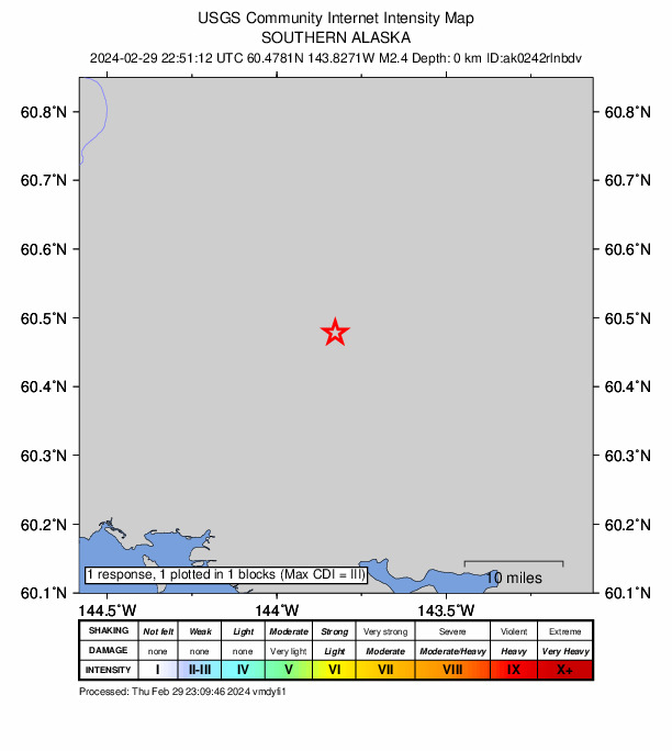 USGS DYFI community-reported intensity map for the M2.1 earthquake near 111 km E of Cordova, Alaska