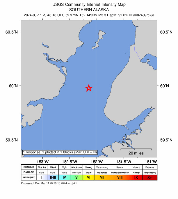 USGS DYFI community-reported intensity map for the M3.4 earthquake near 24 km W of Happy Valley, Alaska