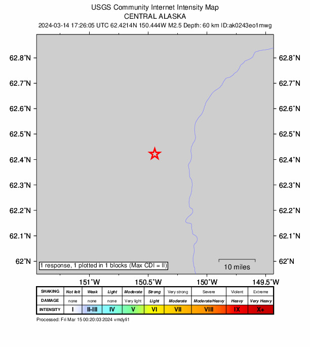 USGS DYFI community-reported intensity map for the M2.5 earthquake near 17 km ESE of Petersville, Alaska