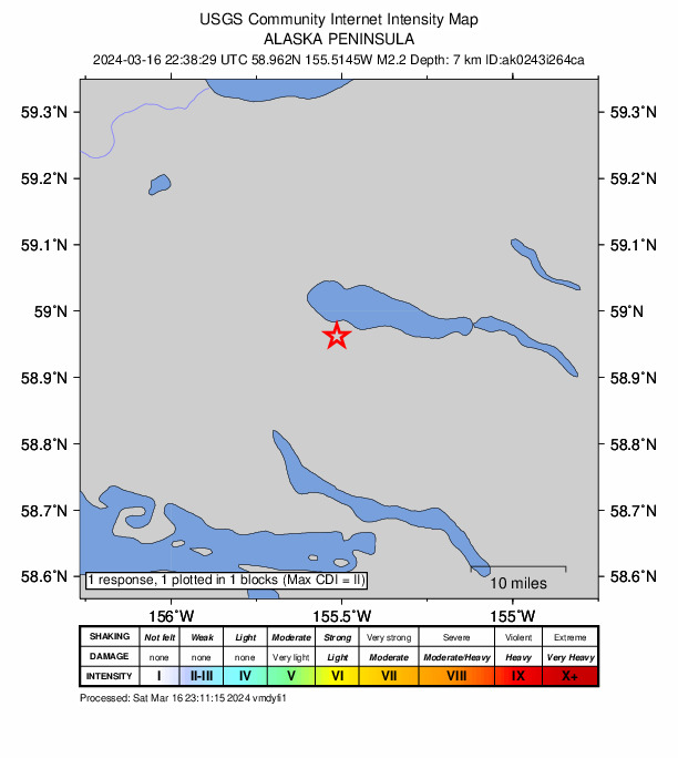 USGS DYFI community-reported intensity map for the M2.2 earthquake near 46 km SSE of Igiugig, Alaska