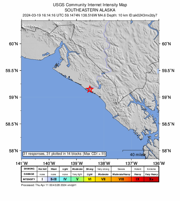 USGS DYFI community-reported intensity map for the M4.6 earthquake near 82 km ESE of Yakutat, Alaska