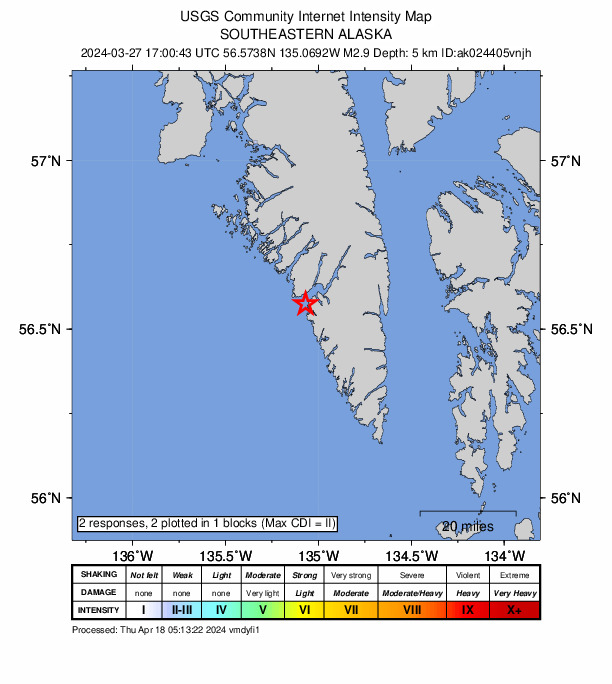 USGS DYFI community-reported intensity map for the M2.9 earthquake near 44 km NW of Port Alexander, Alaska