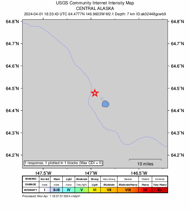 USGS DYFI community-reported intensity map for the M2.2 earthquake near 6 km SSW of Salcha, Alaska