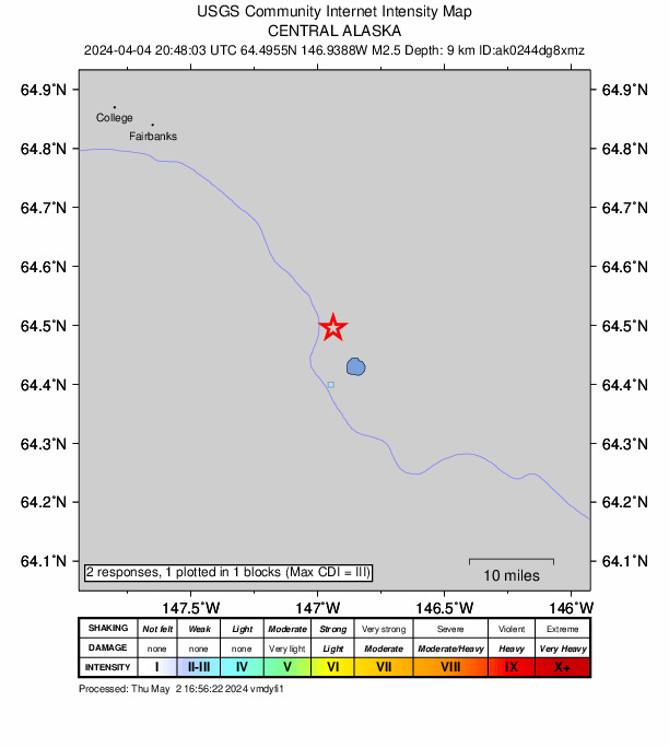 USGS DYFI community-reported intensity map for the M2.5 earthquake near 3 km SSW of Salcha, Alaska