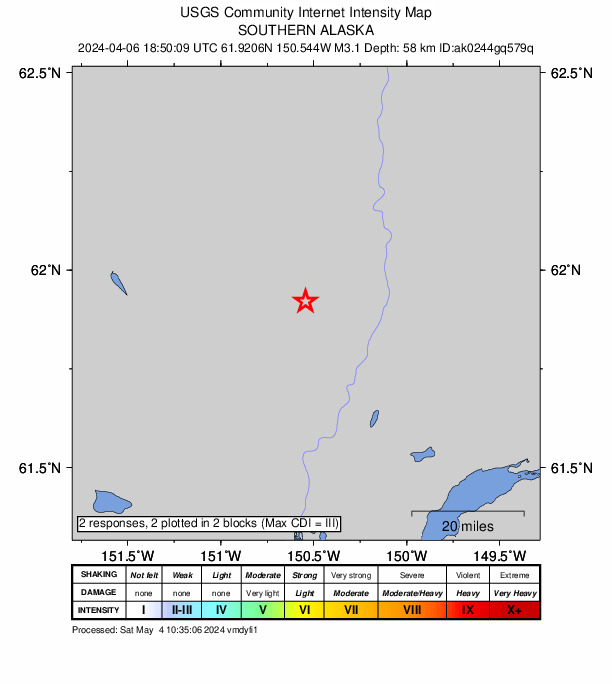 USGS DYFI community-reported intensity map for the M3.1 earthquake near 32 km NW of Willow, Alaska