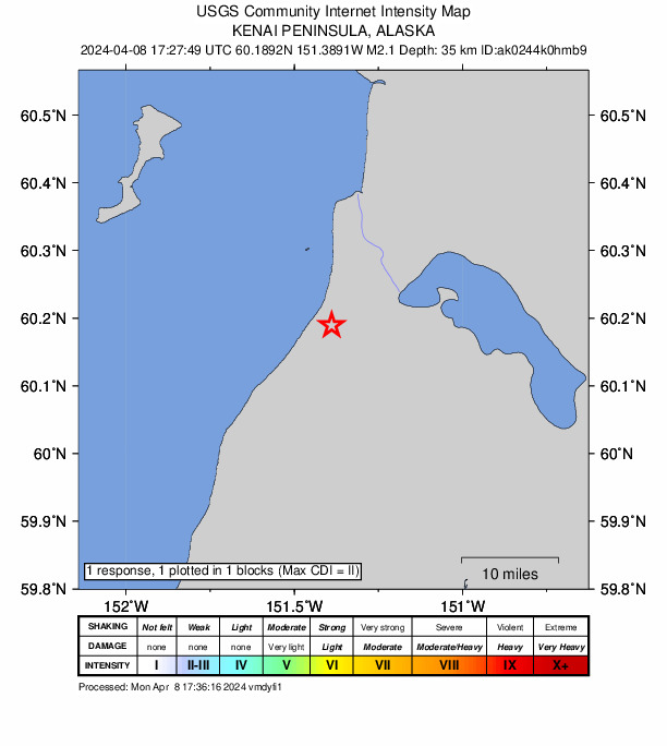 USGS DYFI community-reported intensity map for the M2.1 earthquake near 1 km S of Clam Gulch, Alaska