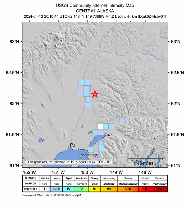 USGS DYFI community-reported intensity map for the M4.2 earthquake near 6 km ESE of Susitna North, Alaska