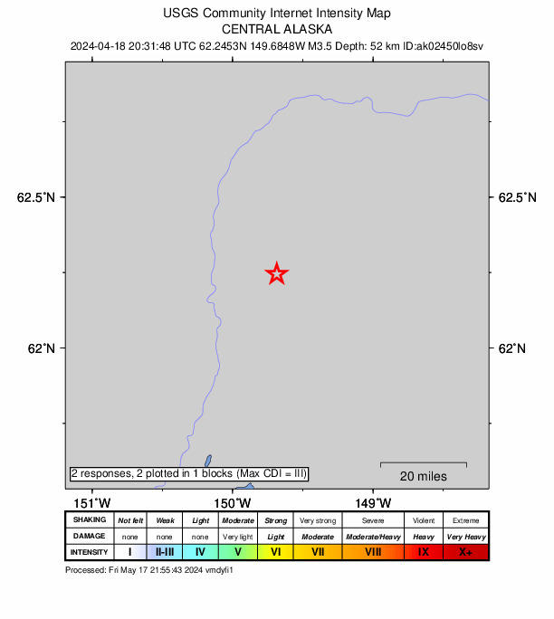 USGS DYFI community-reported intensity map for the M3.5 earthquake near 12 km NE of Susitna North, Alaska