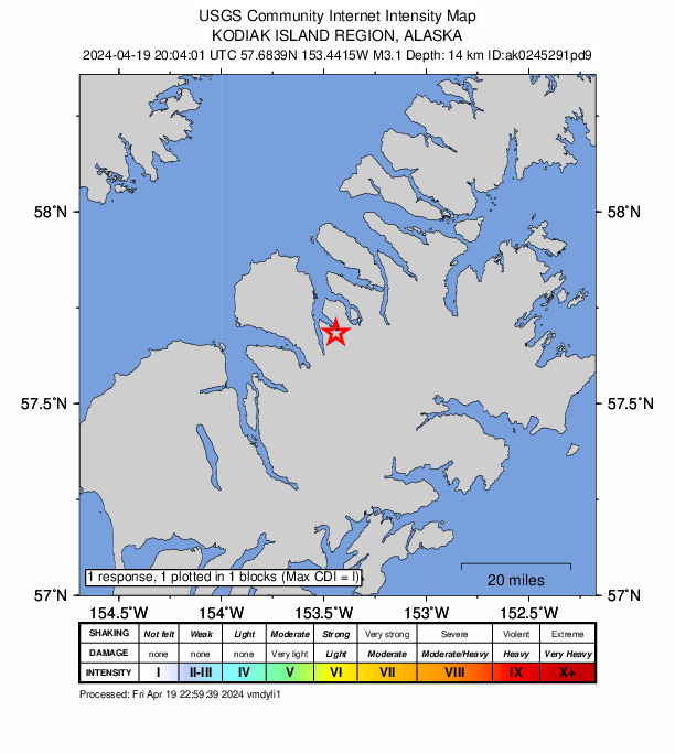USGS DYFI community-reported intensity map for the M3.0 earthquake near 37 km ENE of Larsen Bay, Alaska