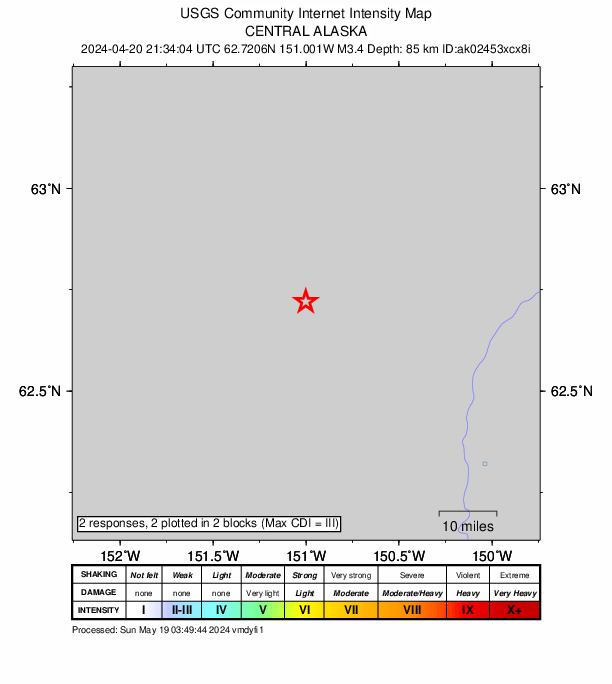 USGS DYFI community-reported intensity map for the M3.4 earthquake near 27 km NNW of Petersville, Alaska