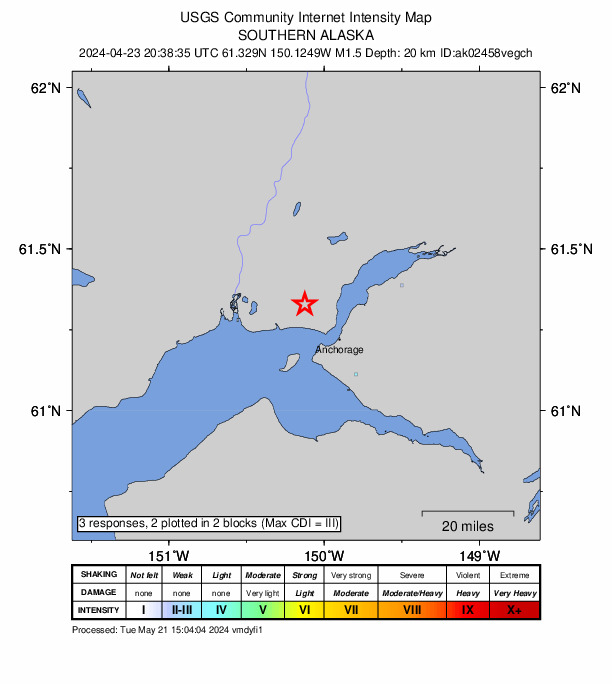 USGS DYFI community-reported intensity map for the M2.6 earthquake near 7 km SW of Point MacKenzie, Alaska
