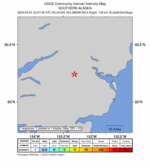 USGS DYFI community-reported intensity map for the M3.1 earthquake near 65 km E of Port Alsworth, Alaska