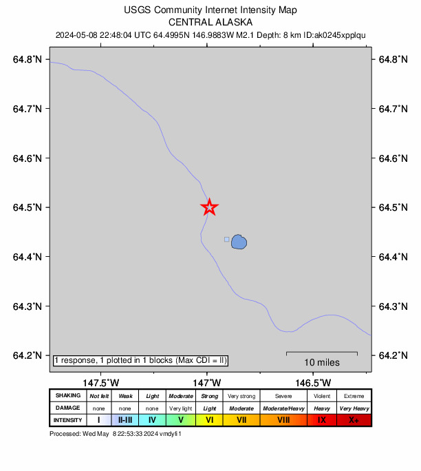 USGS DYFI community-reported intensity map for the M2.0 earthquake near 6 km SW of Salcha, Alaska