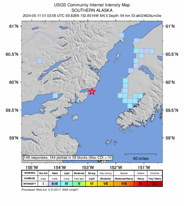 USGS DYFI community-reported intensity map for the M4.8 earthquake near 57 km W of Anchor Point, Alaska