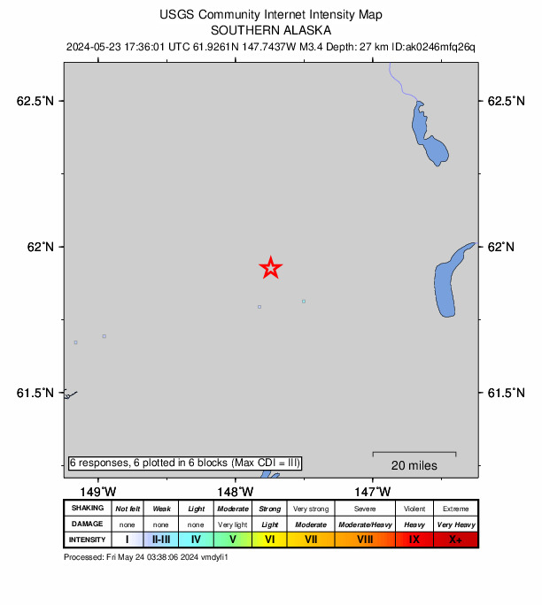 USGS DYFI community-reported intensity map for the M3.4 earthquake near 13 km NNW of Glacier View, Alaska