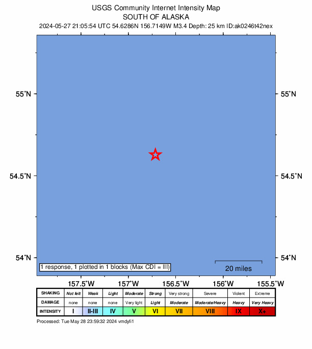USGS DYFI community-reported intensity map for the M3.4 earthquake near 205 km SE of Perryville, Alaska