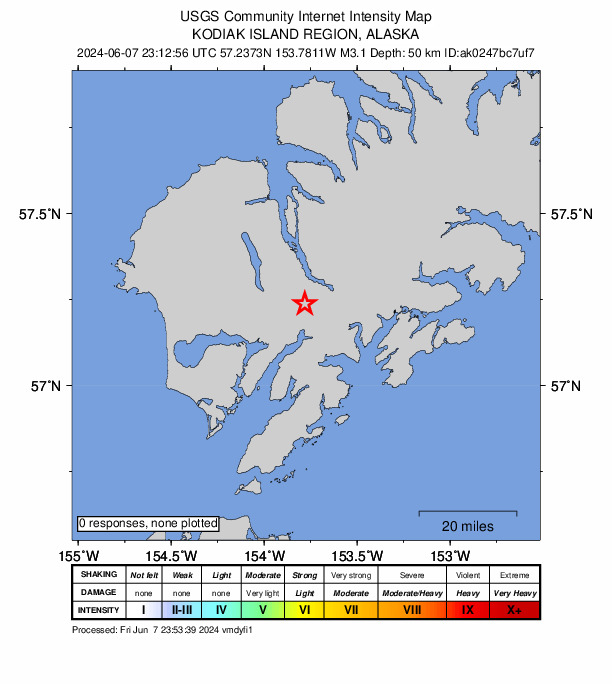 USGS DYFI community-reported intensity map for the M3.1 earthquake near 31 km W of Old Harbor, Alaska