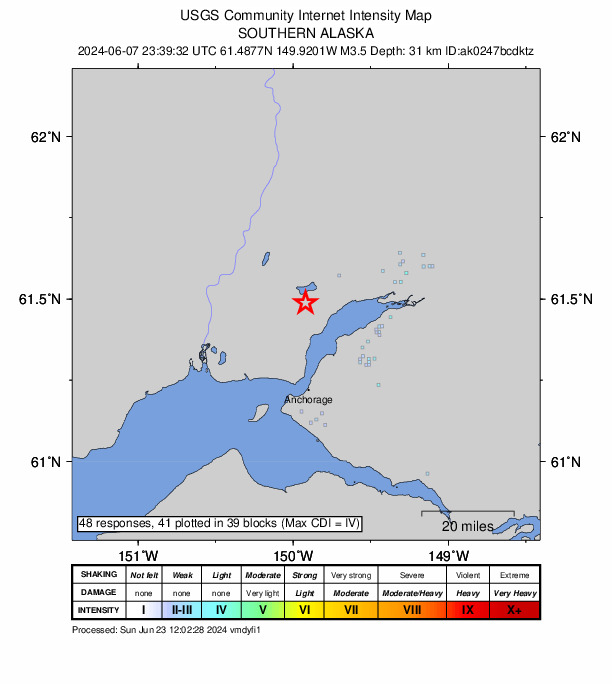 USGS DYFI community-reported intensity map for the M3.5 earthquake near 4 km SE of Big Lake, Alaska
